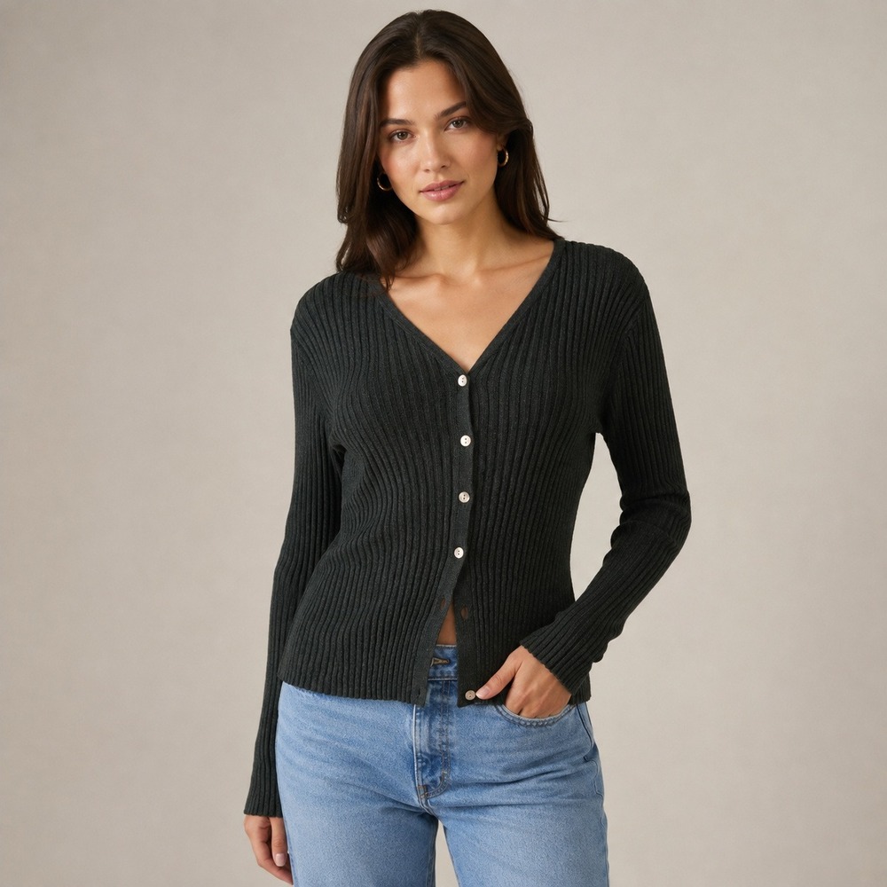 Vintage Honors Dark Green Ribbed Knit V-Neck Cardigan Sweater Slim XL Hong Kong